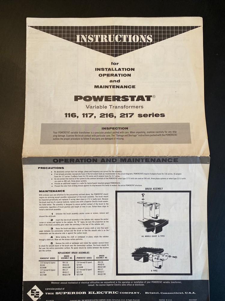 Vtg & Original POWERSTAT VARIABLE TRANSFORMER Instructions 116, 117, 216 217 EUC