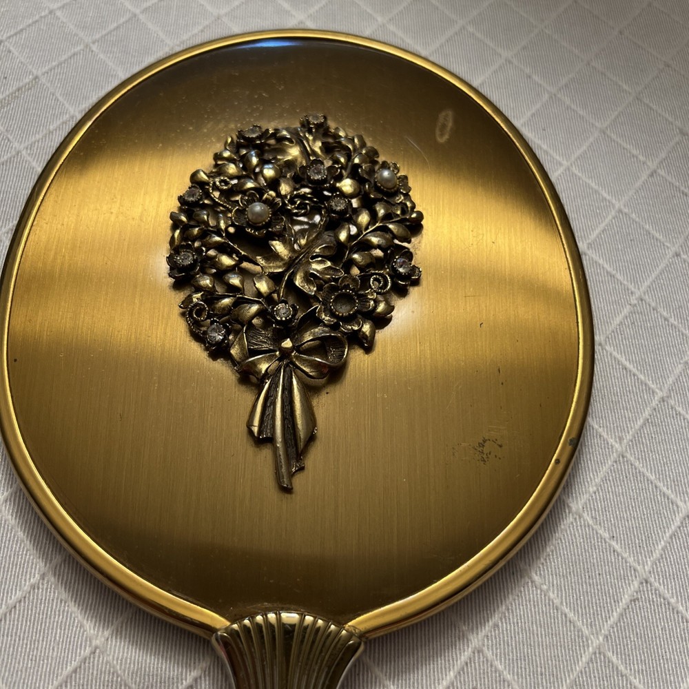 Vintage Gold Toned Vanity Metal Floral Pattern Hand Held Mirror W/defect