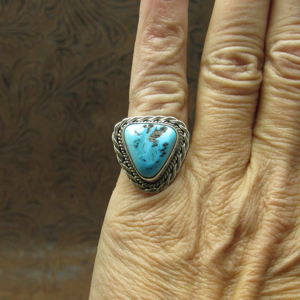 Sterling Silver Bright Blue Triangle Shaped Turquoise Ring Size 7+