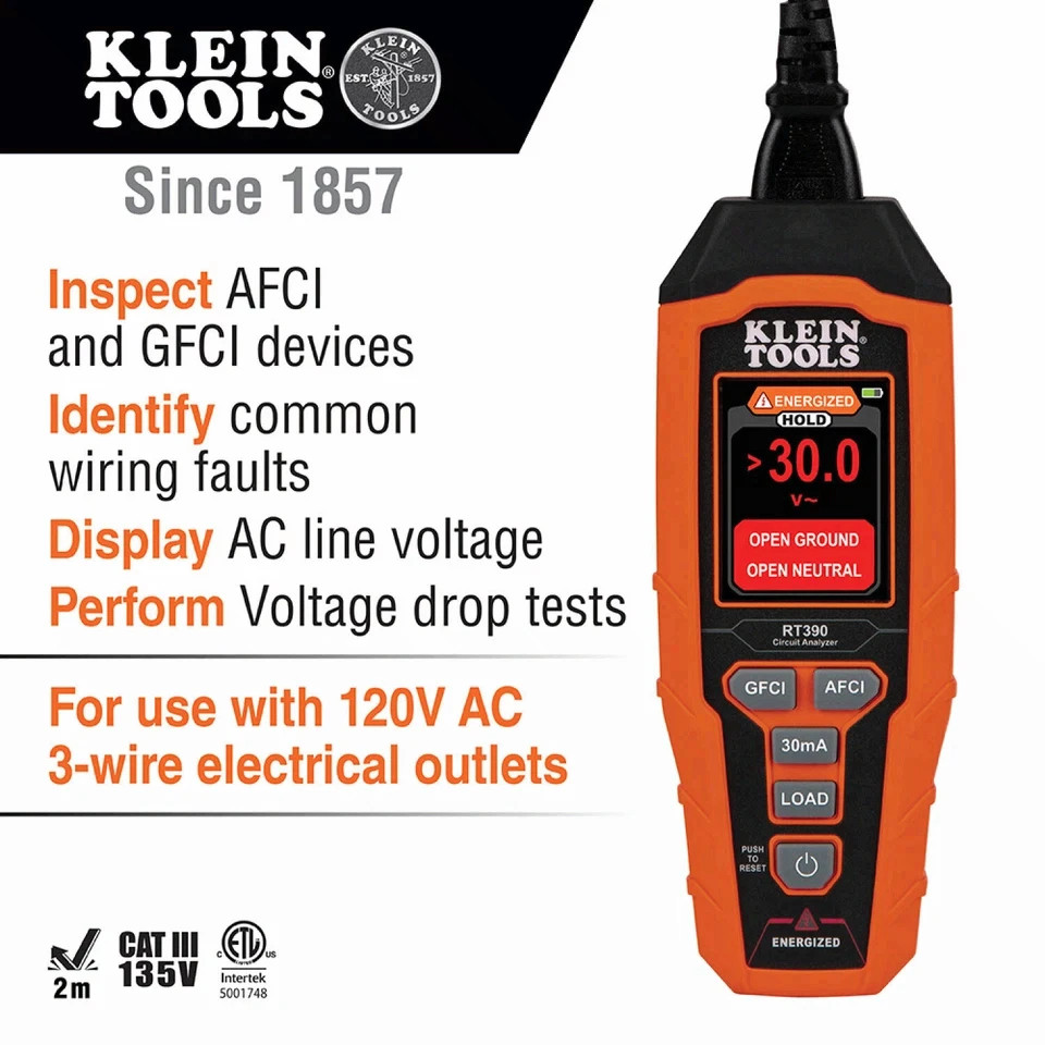 Klein Tools RT390 Circuit Analyzer GFCI AFCI Tester Voltage LCD