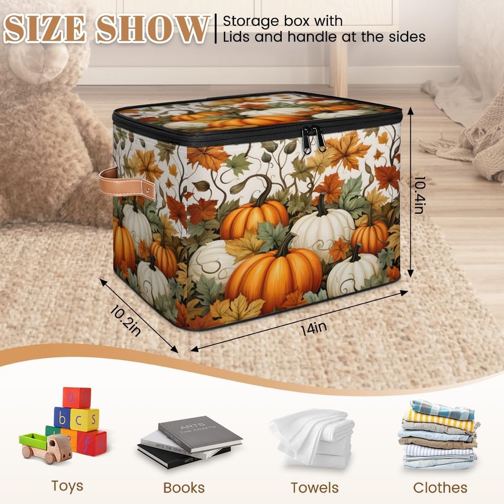 Fall Pumpkin Storage Bins with Lids, Maple Leaf Fabric Storage Boxes with Zip...