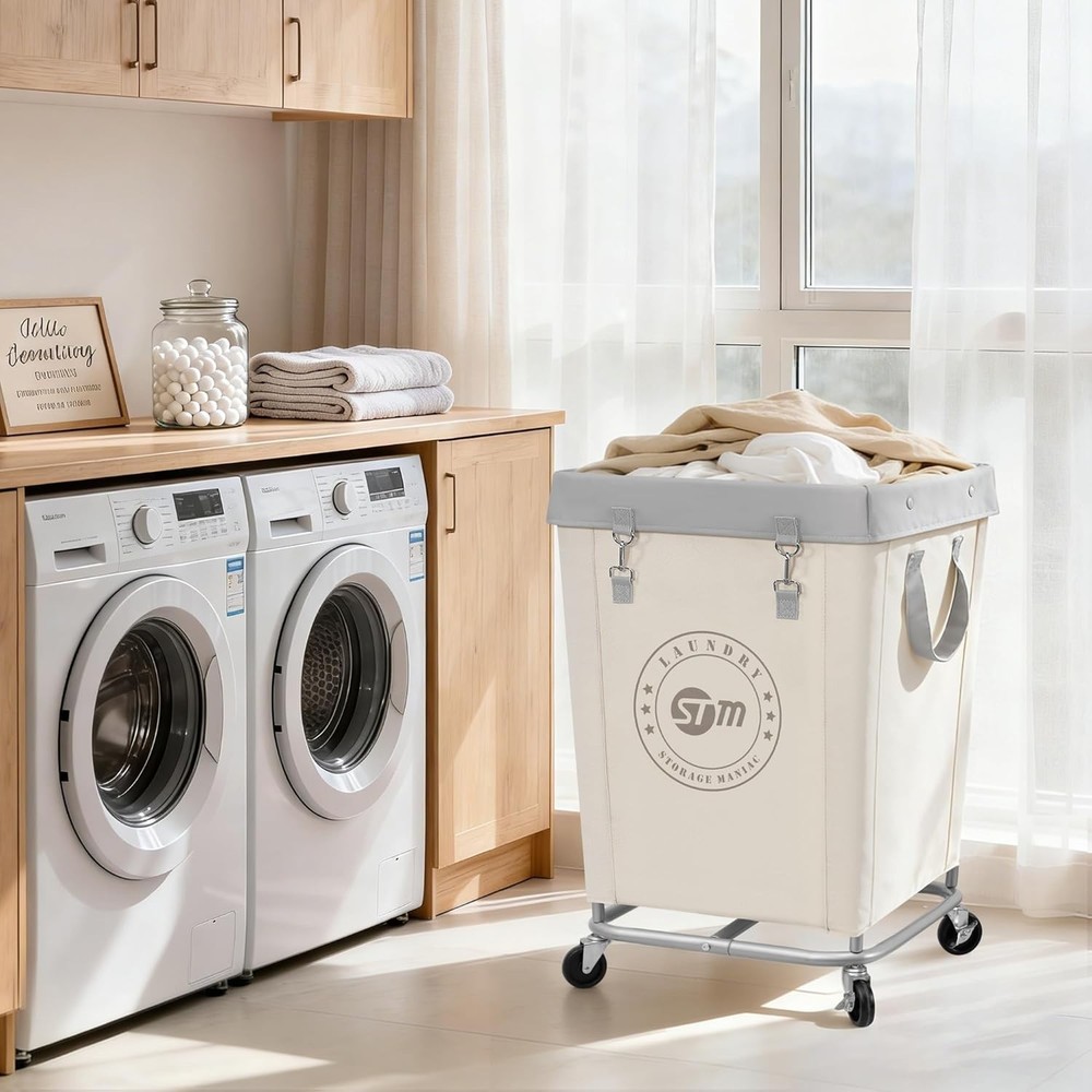Durable Canvas Laundry Hamper with Heavy Duty Wheels and Button Closure 31"H