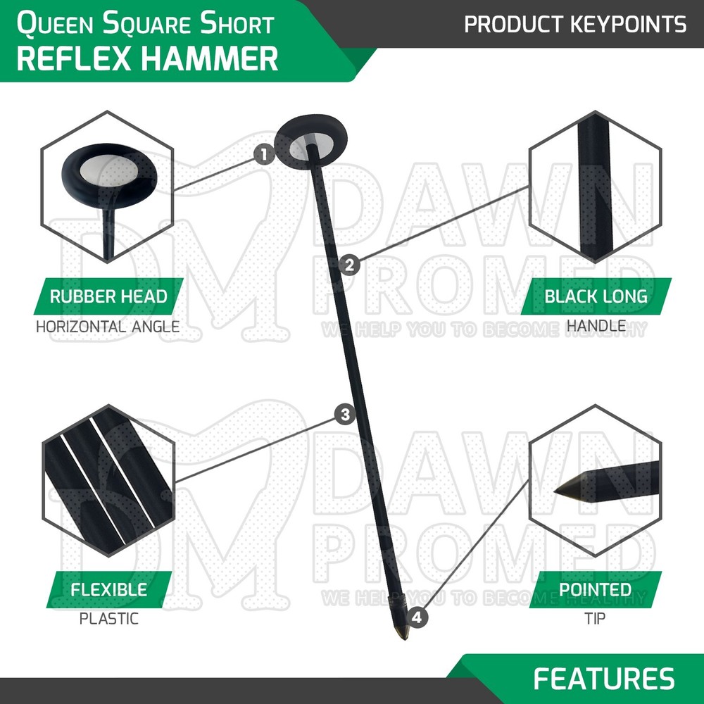 Queen Square Neurological Reflex Hammer Black 9" Short Plastic Handle Diagnostic