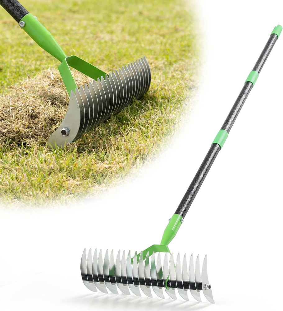 Dual-Action Dethatcher Rake - 21-Tine, Adjustable Long-Handle Landscaping Rake w