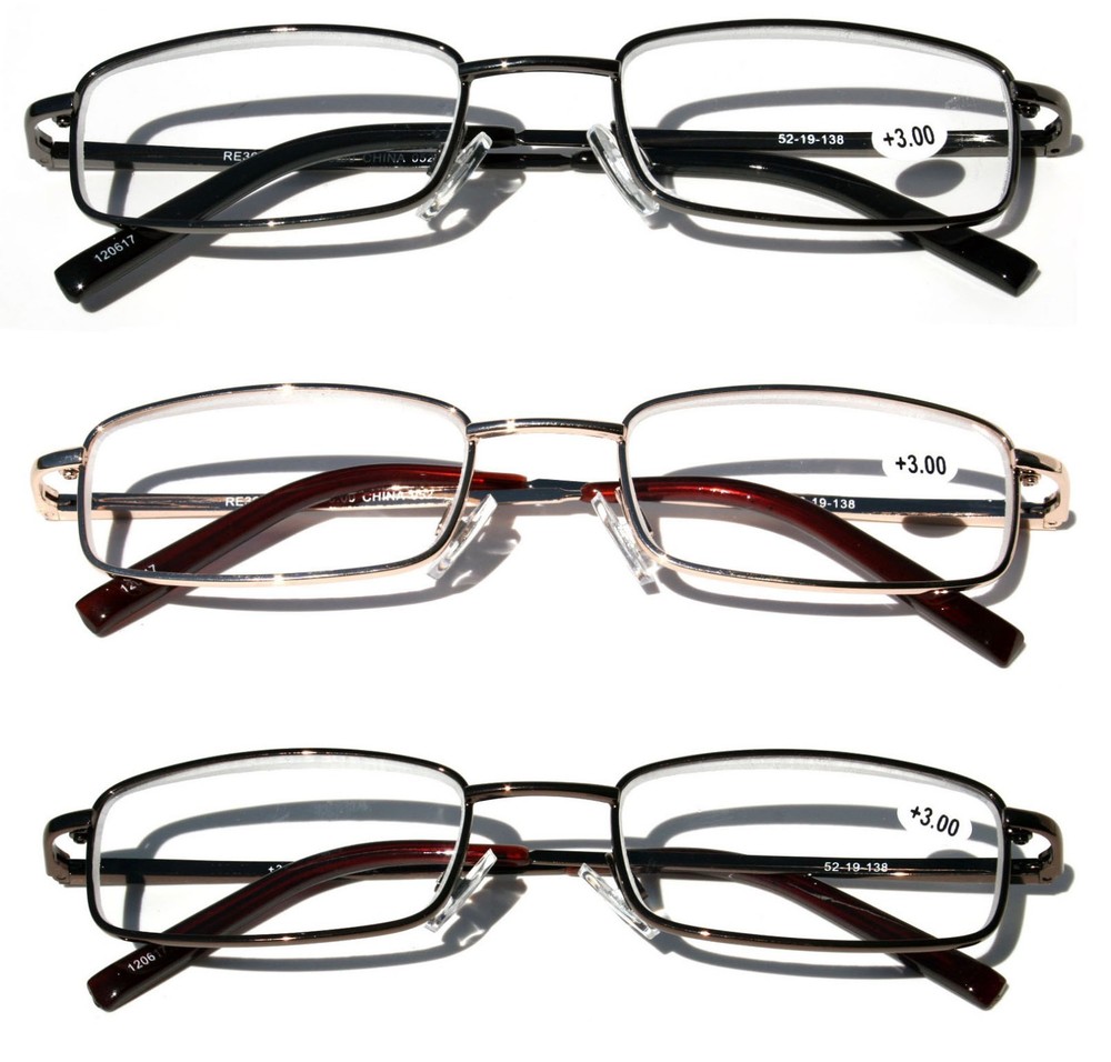 3 Pairs Slim Metal Rectangular Reading Glasses Spring Hinge High Power Reader