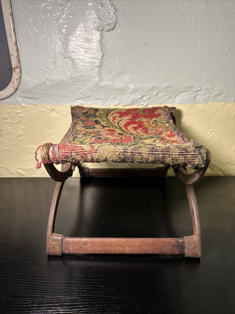Antique Cast Iron Folding Stool Victorian Upholstery Buggy Carriage Seat