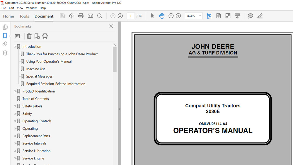 John Deere 3032E 3036E 3038E Compact Utility Tractor Technical & OP Manual USB