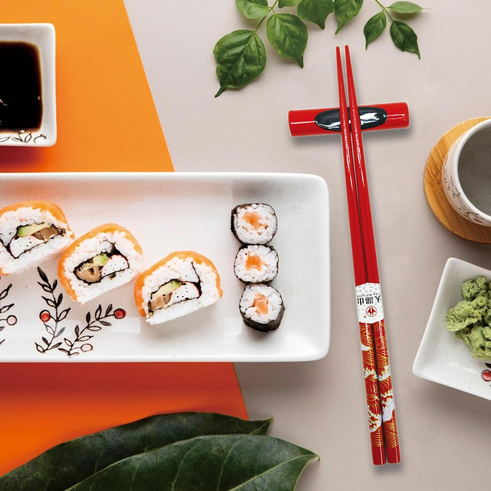 Chopsticks Reusable with Case, Bamboo Chopstick Gift Set Red Ocean Wave Pattern