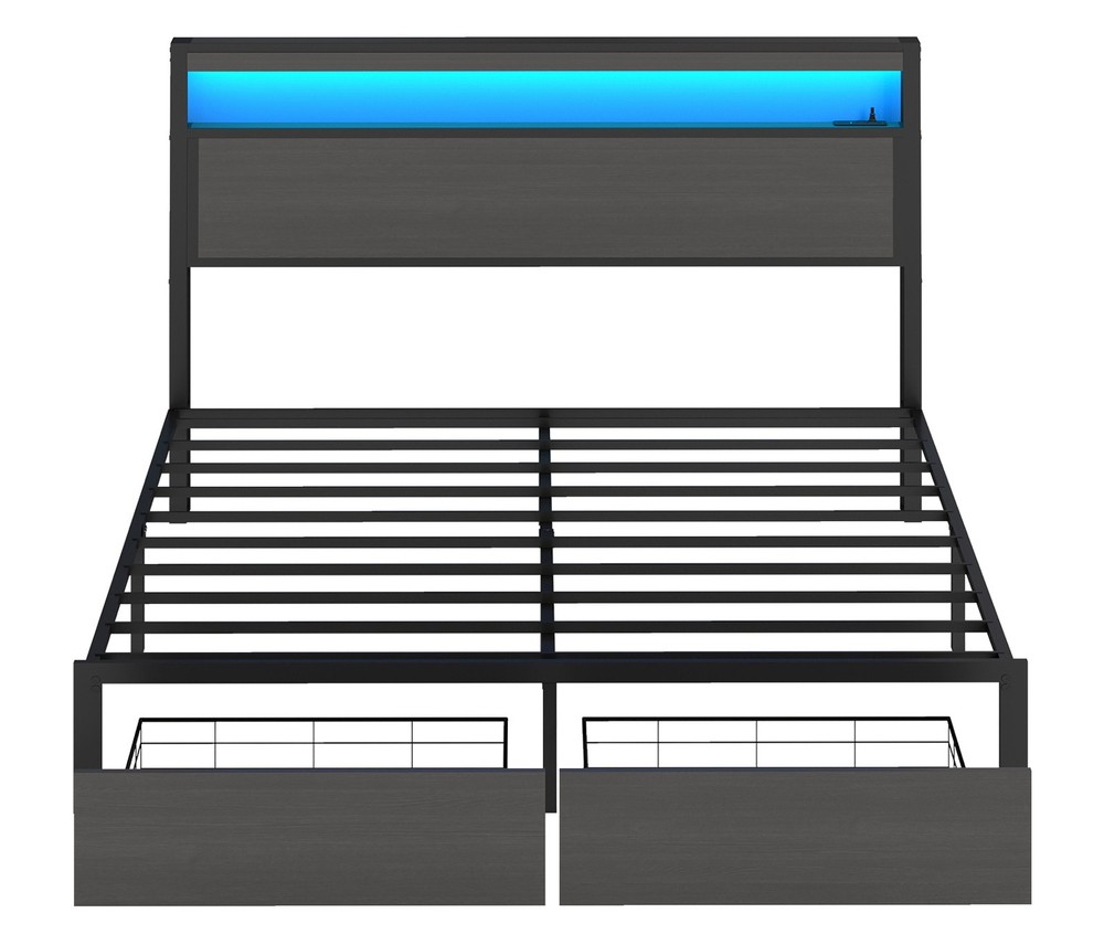 Full Queen Size Metal Platform Bed Frame with 2 Storage Drawers ＆Charging,LED