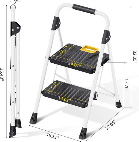 KINGRACK 2 Step Folding Ladder, 800lbs Capacity Stool with 2-STEP, White