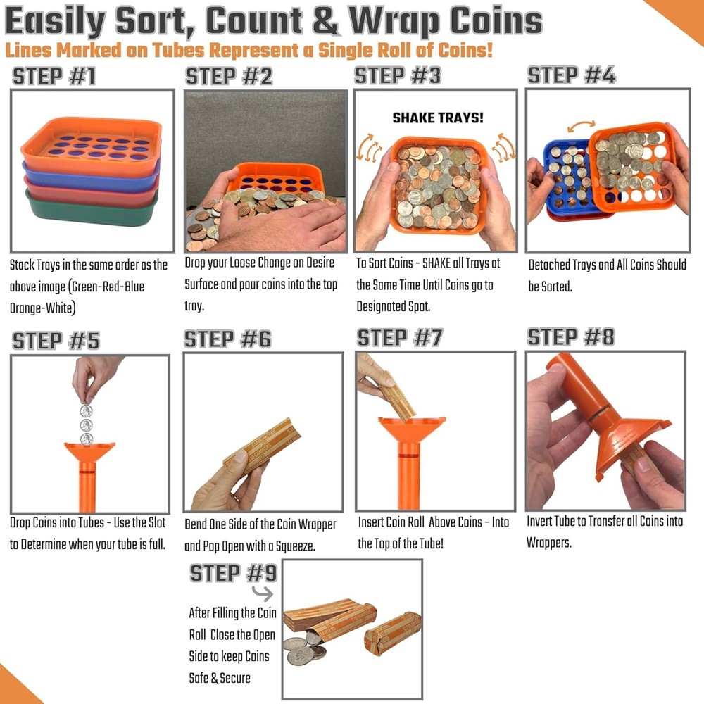 Ultimate Coin Counting Solution - 4 Trays, 4 Tubes & 100 Assorted Roll Wrappers