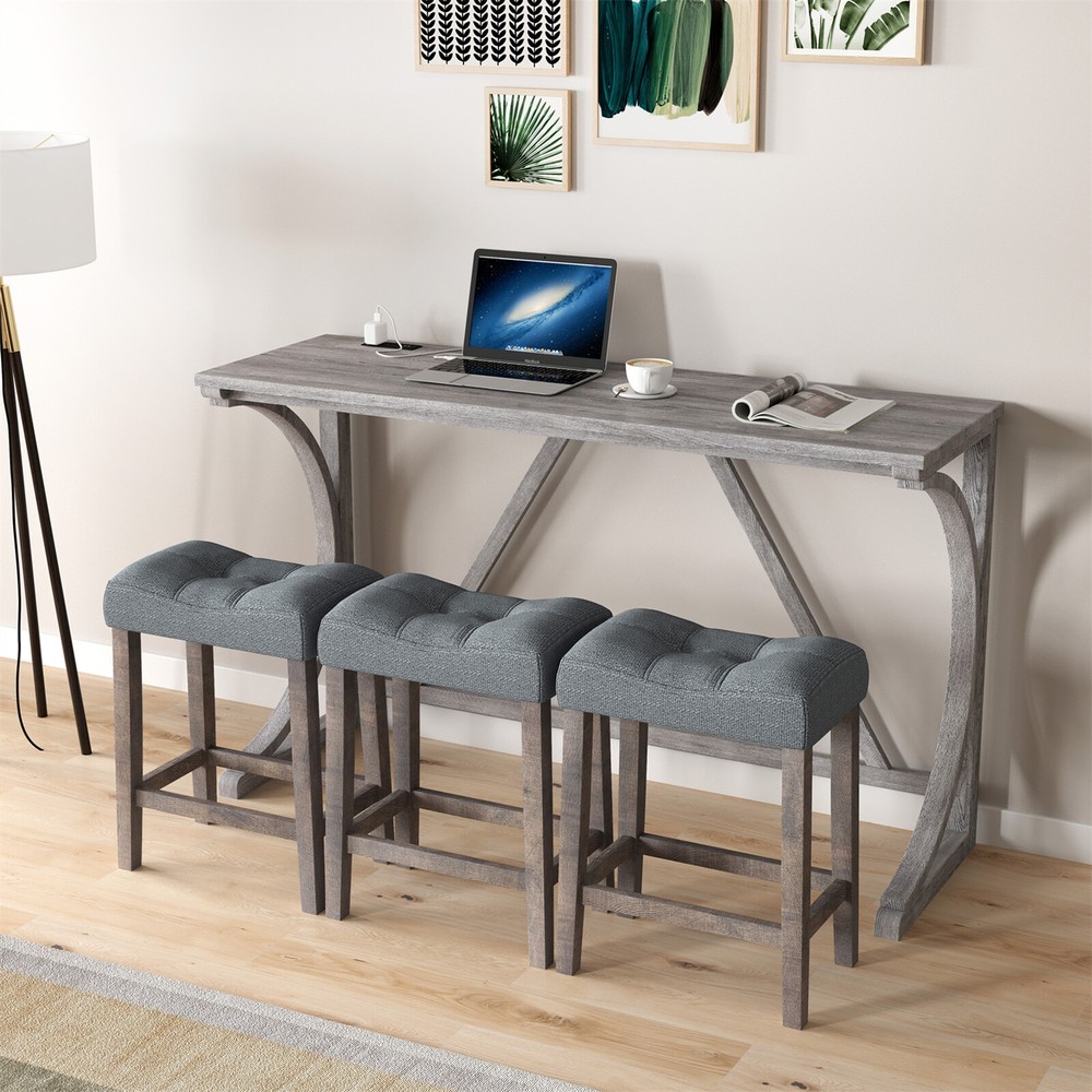 4 Piece Bar Table Set Dining Kitchen Table with 3 Stools and Power Outlet