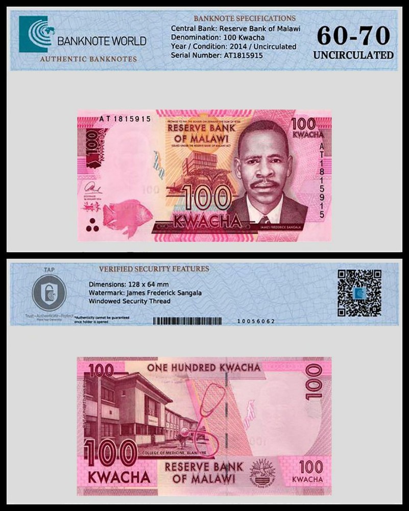 Malawi 100 Kwacha, 2014, P-65a, UNC, Authenticated Banknote