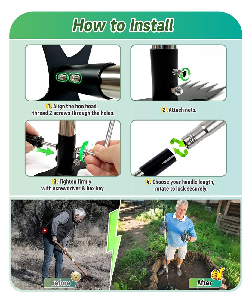 71in Weed Puller Tool with Long Handle, 2 in 1 Adjustable Manual Weeders Heav...