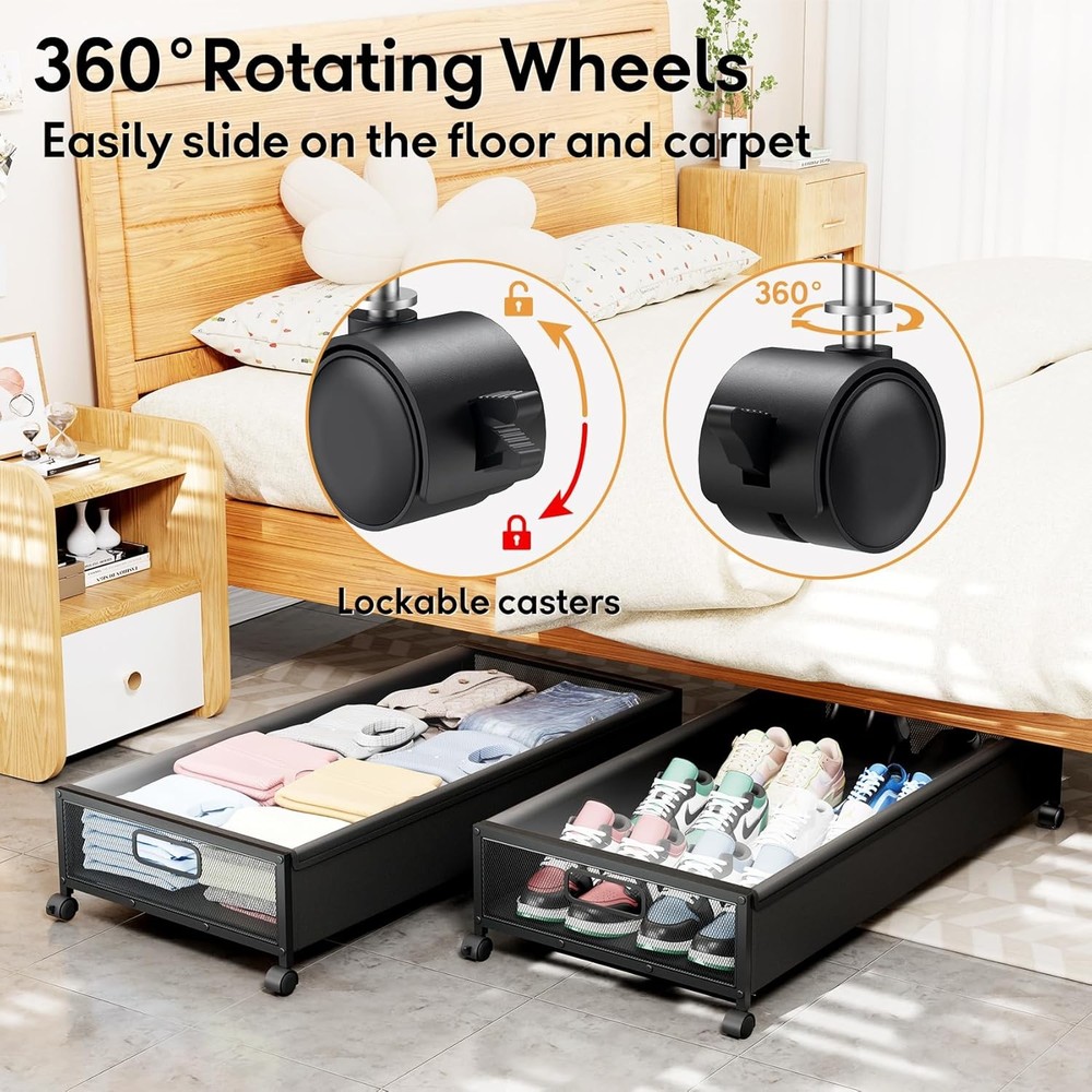 Under Bed Storage Containers W/ Wheels 2 Pack Underbed Shoe Storage Bedroom