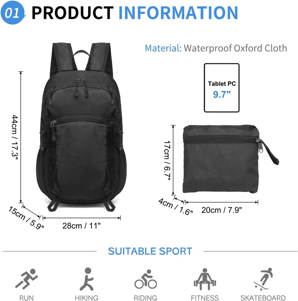 Hiking Daypack Packable, Camping Backpack Water Resistant Lightweight Polyester