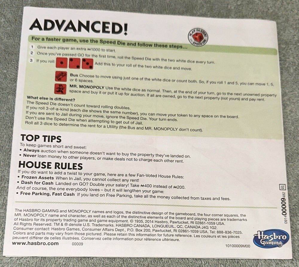 2014 Monopoly Replacement Game Instructions