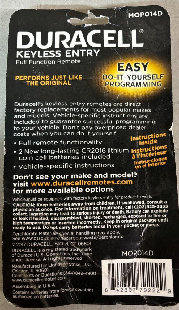 NEW DURACELL KEYLESS ENTRY FULL FUNCTION REMOTE MOP014D NEW