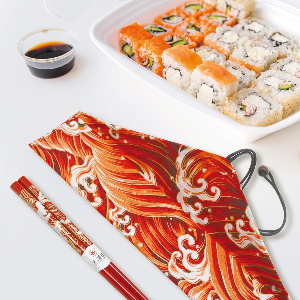 Chopsticks Reusable with Case, Bamboo Chopstick Gift Set Red Ocean Wave Pattern