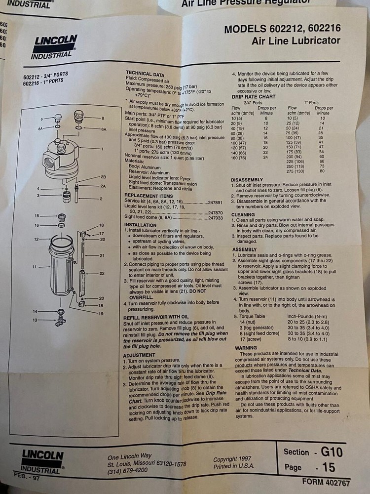 LINCOLN INDUSTRIAL HIGH CAPACITY LUBRICATOR/FILTER/REGULATOR 602012, ………..602017