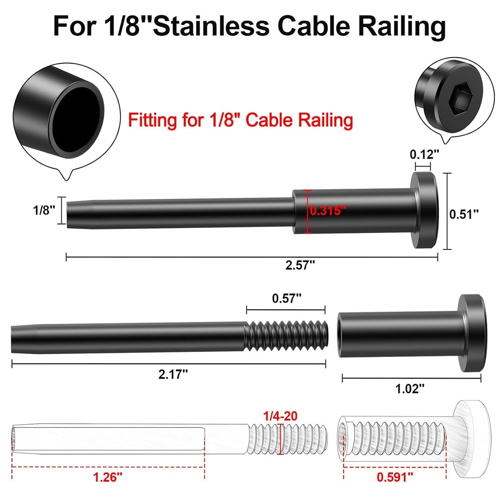 1/8" Black Invisible Receiver and Swage Stud End Fitss Cable Railing 60 Pack