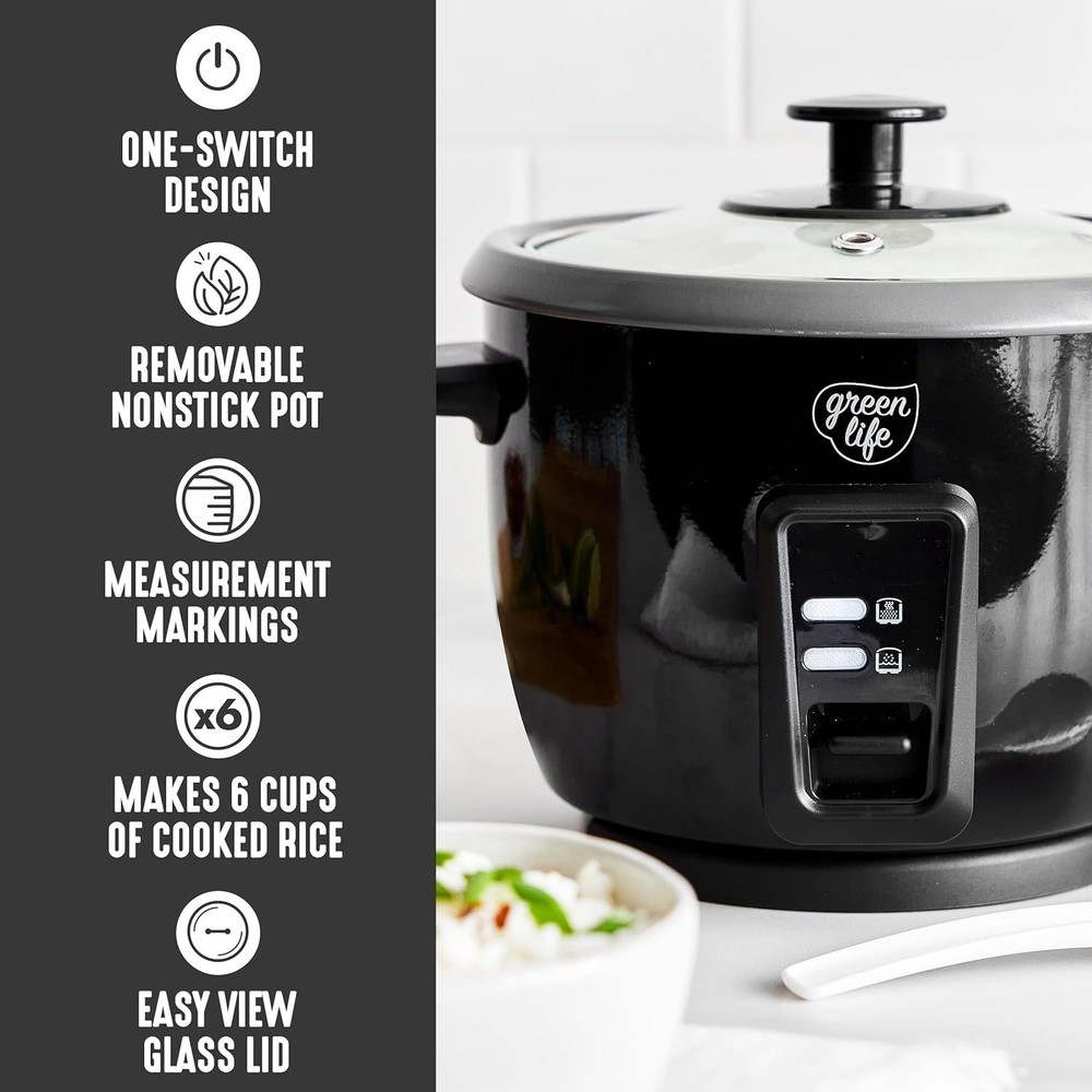 6-Cup Space-Saving Rice Cooker with Removable Ceramic Pot & Easy Clean Design