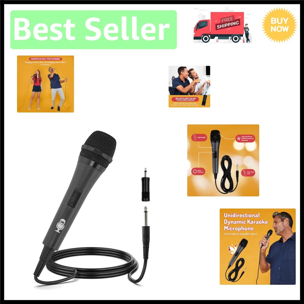 Wired Black Karaoke Microphone - Unidirectional Dynamic 10ft Cord, Mute Function