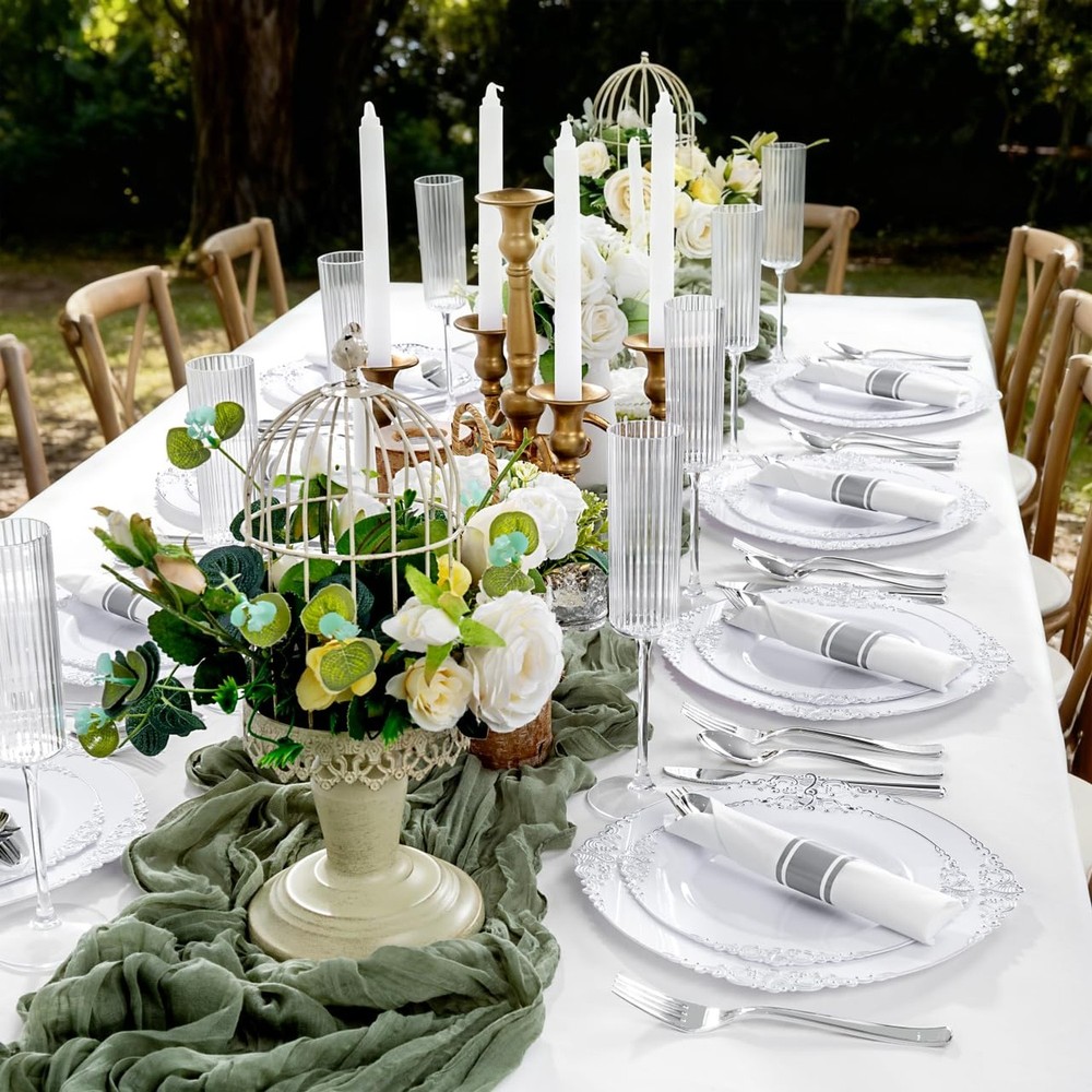 400PCS Pre Rolled Silver Plastic Silverware Sets - Heavy Duty Silver Cutlery ...