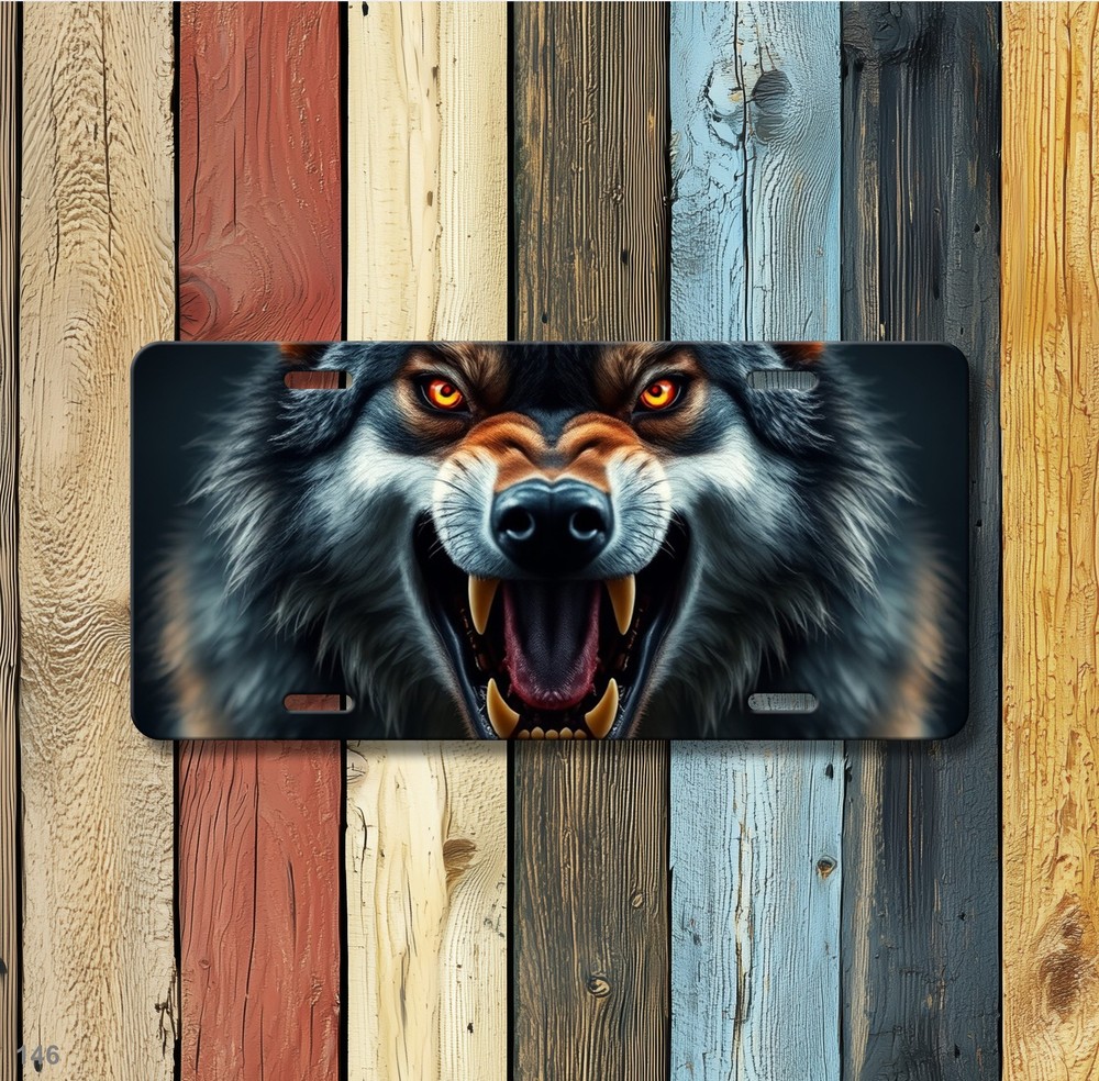 Fierce Wolf License Plate with Sharp Teeth Your Text Front Plate Special Gift