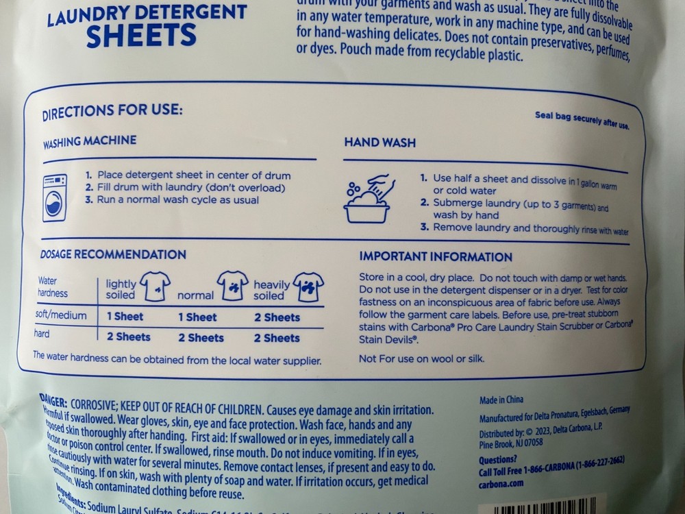 Carbona Laundry Detergent Sheets - Free and Clear, 2 Pack - 50 Sheets Total