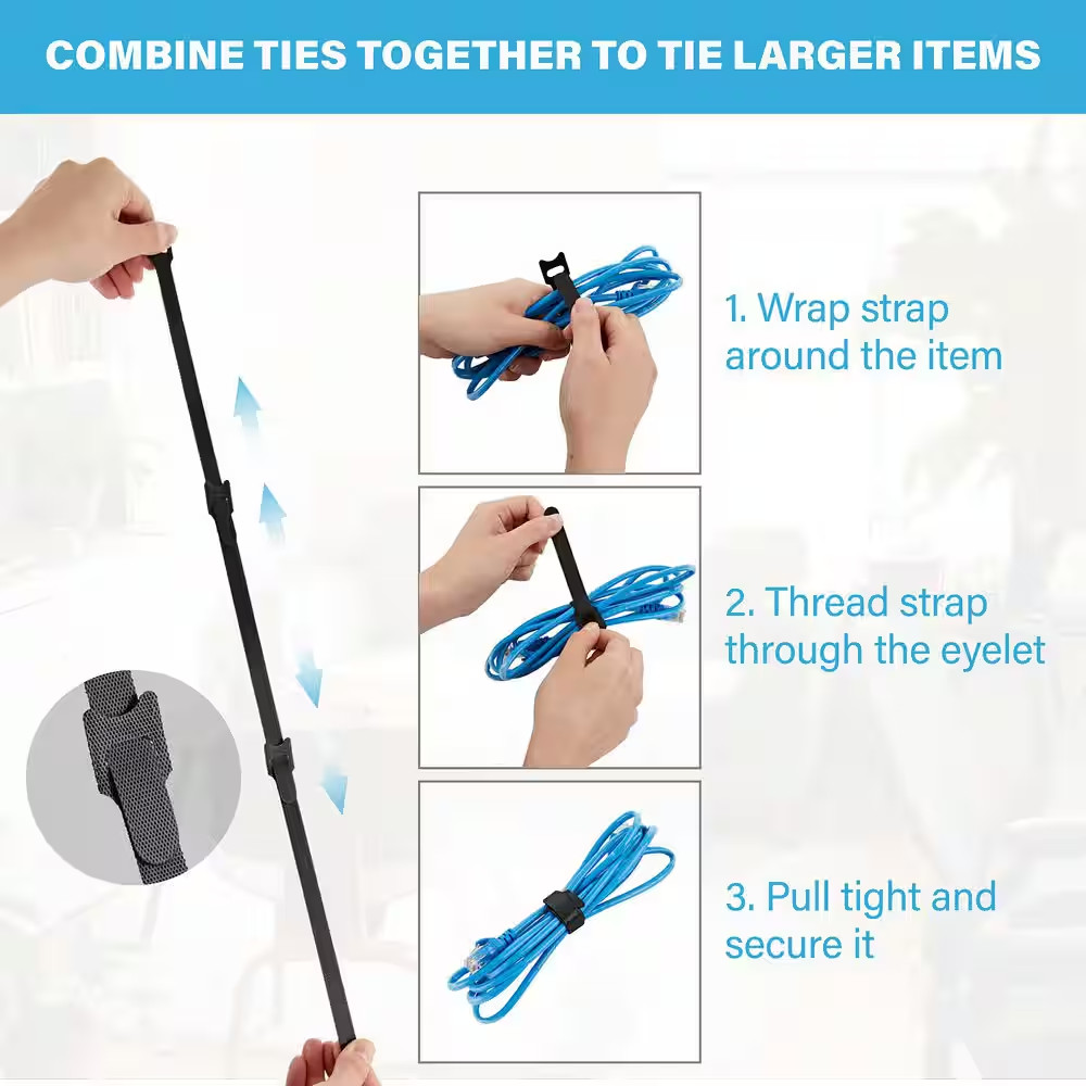 Reusable 8 Inch Cable Ties with Hook and Loop Adjustable Cable Management Straps
