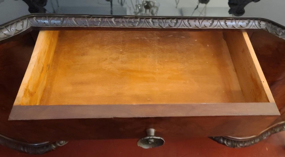 Incredible French Victorian Solid Burled Walnut Sideboard & Glass Top - GDC
