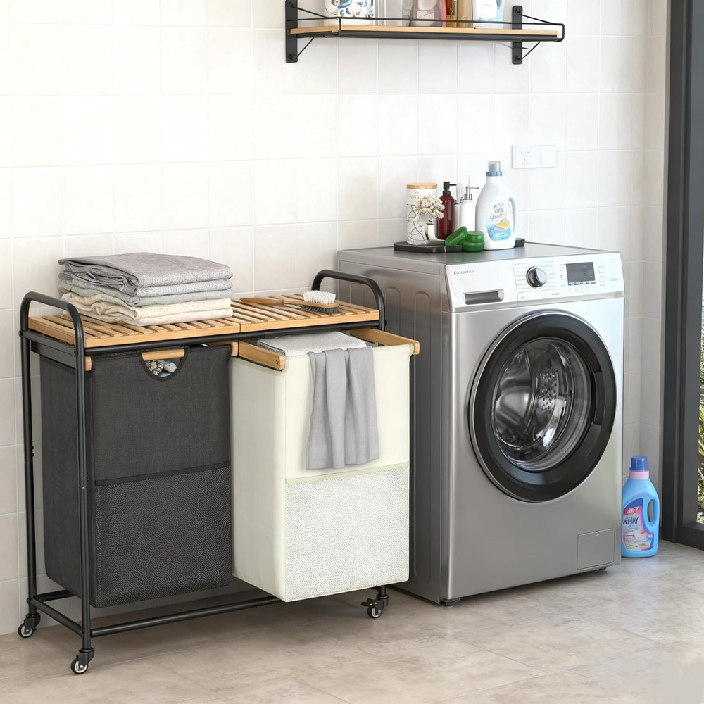 Laundry Sorter 2 Section Laundry Hampers W/ Removable Shelf & Pull-Out Bags