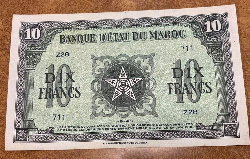 1943 MOROCCO Maroc 10 Francs p-25A 1 nice VF.