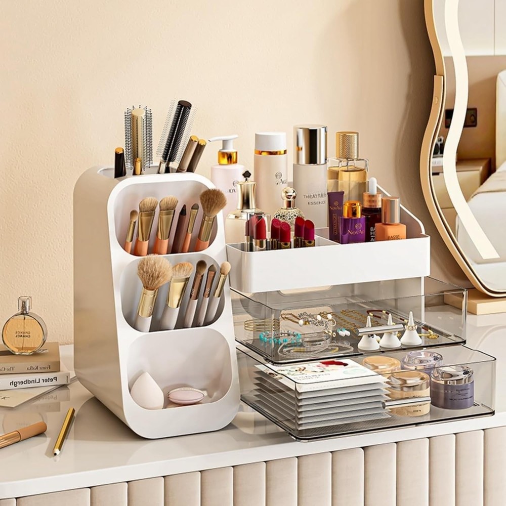 Makeup Organizer with Drawers for Vanity, Spacious Cosmetic Display Case White