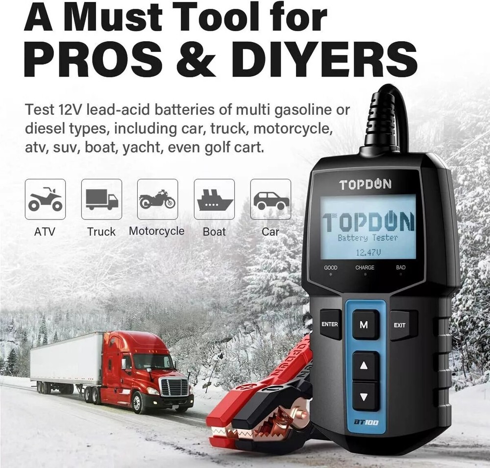 TOPDON BT100 Car Battery Tester 12V Load Tester Charging System Analyzer