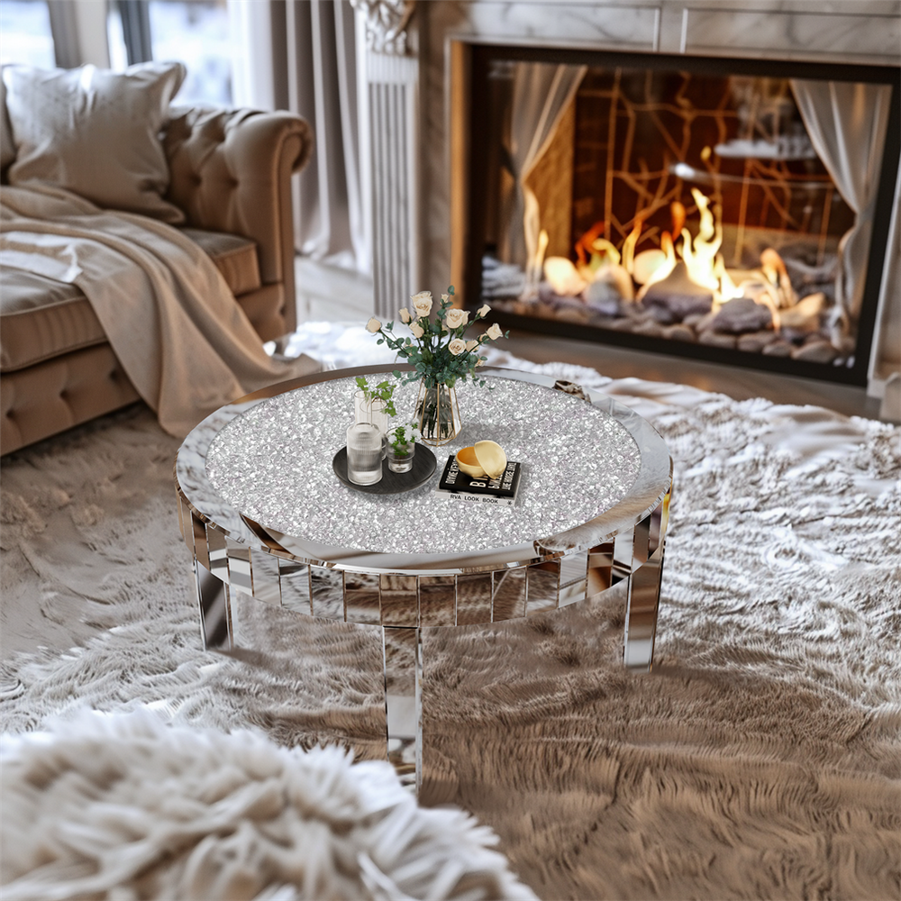 Mirrored Coffee Table Round Silver Accent Beveled Glass Edge Crystal Side Table
