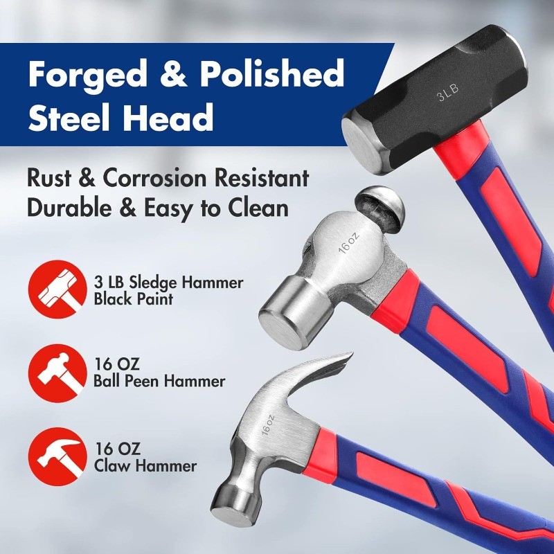 WORKPRO 5pc Hammer Set 16oz Claw 3lb Sledge 32oz Rubber
