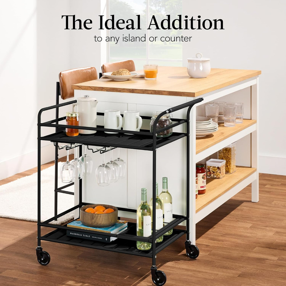 Stylish Rolling Bar Cart with Wine Rack & Lockable Wheels - Black