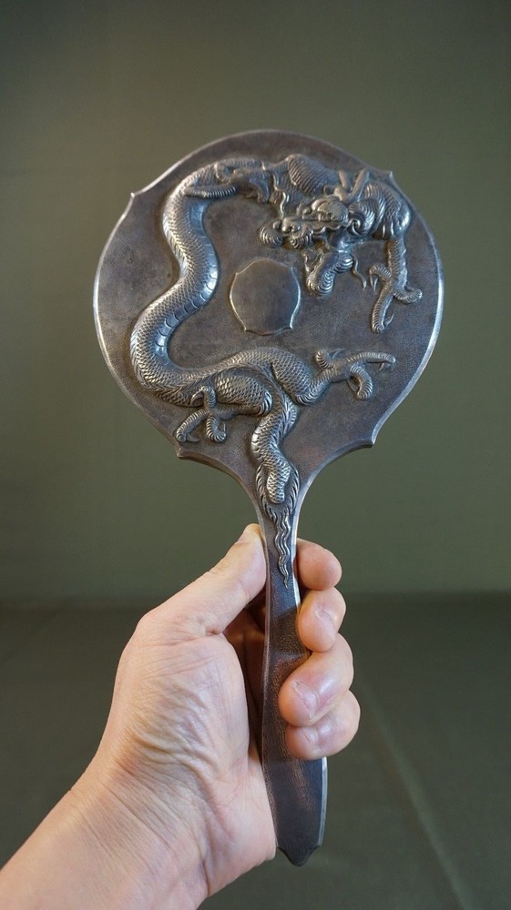 Beautiful 19th~20th Cent. Chinese Export Protruding Dragon Silver Mirror Marked