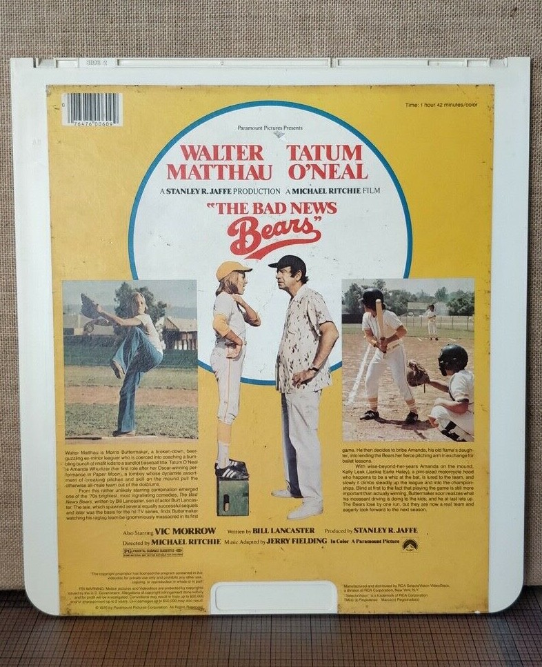 The Bad News Bears - CED SelectaVision Videodisc -- Tested