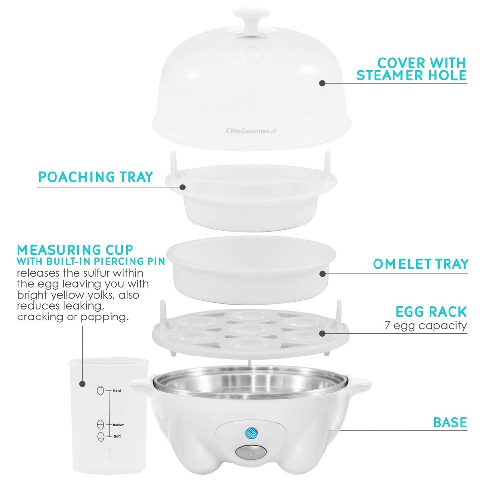 Elite Gourmet Easy Egg Cooker 7 Egg Capacity Automatic Boiling Poaching Steaming