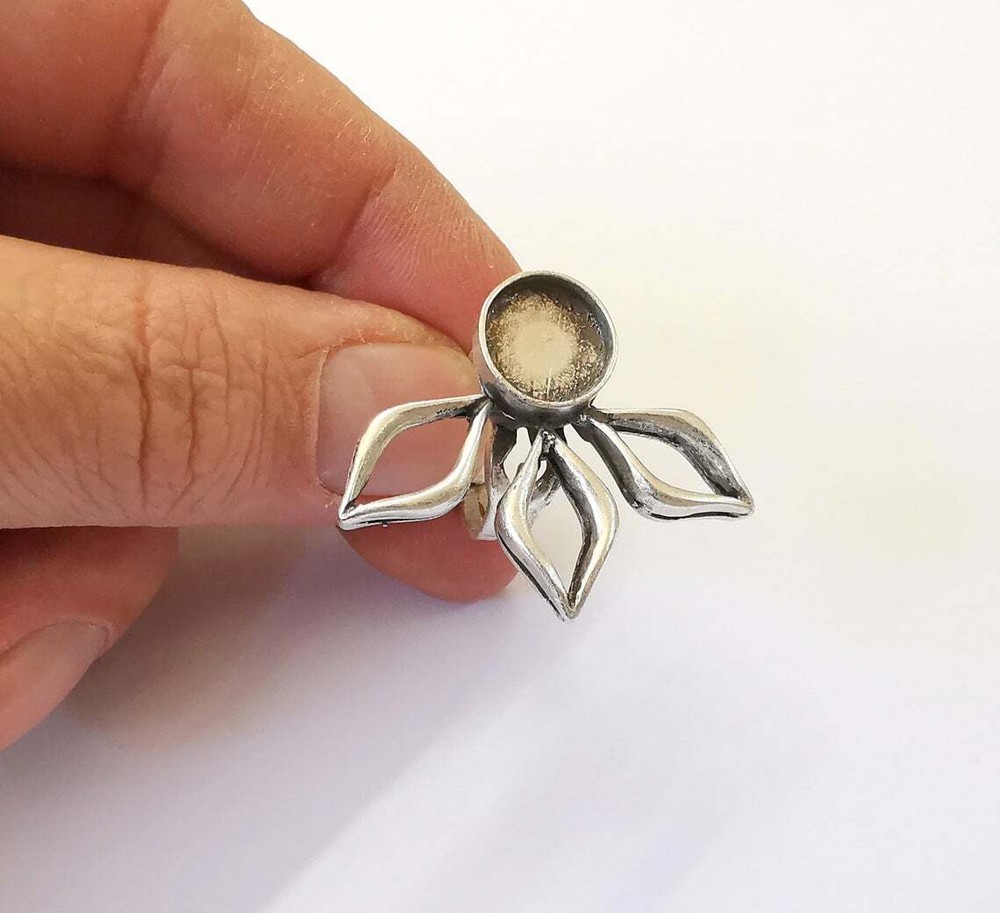 Leaf Silver Ring Blank Base Bezel Settings Cabochon Mountings Adjustable Brass