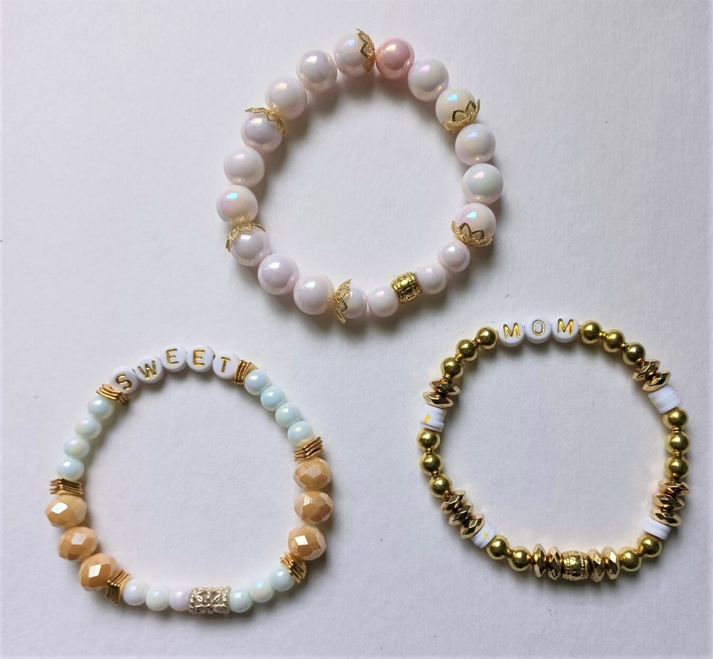 Sweet Mom Stretchy Bracelet Stack Gold and Pearl
