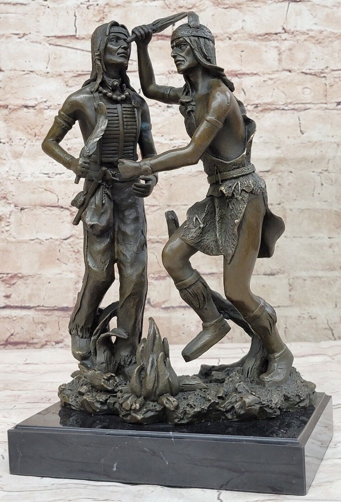 Handcrafted Two Indian Warrior Dancing Over the Fire Bronze Sculpture Artwork