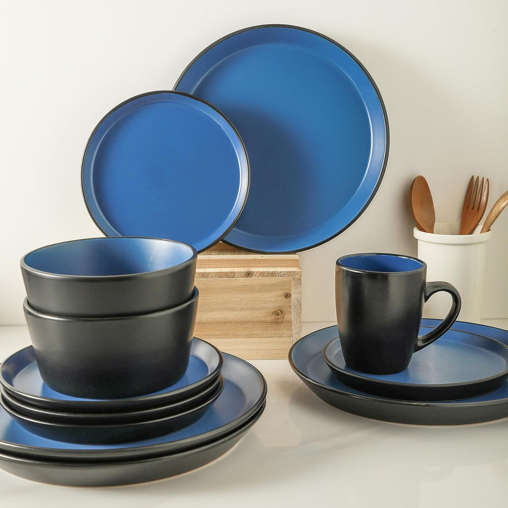 Albie Stoneware 32-Piece Modern Dinnerware Set, Kitchen Plates and Bowls Sets, D