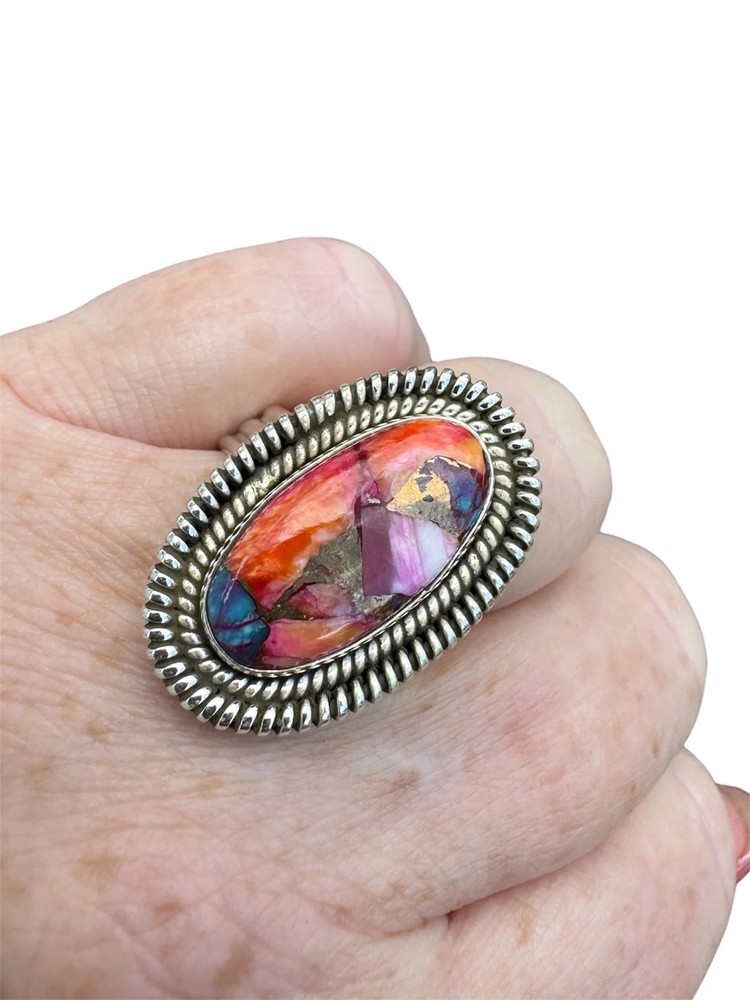 Kingman Pink Dahlia Turquoise Solid 925 Sterling Silver Ring – Size 9