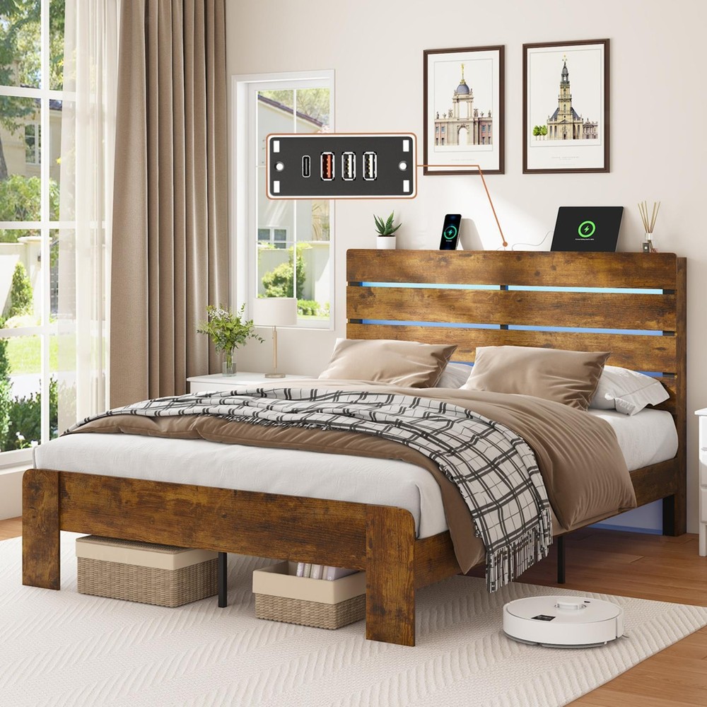 King Bed Frame with Headboard and Footboard, with Under Bed Storage,