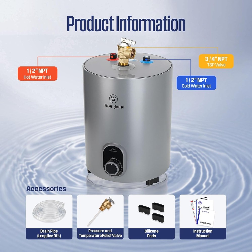 1.5 Gal 6.6L Electric Mini Tank Instant Hot Water Heater for Under Sink, Camper