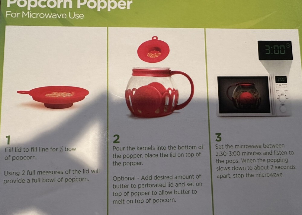 Microwave Popcorn Popper Glass Red Ecolution Micro-Pop 3 Quart In box easy clean
